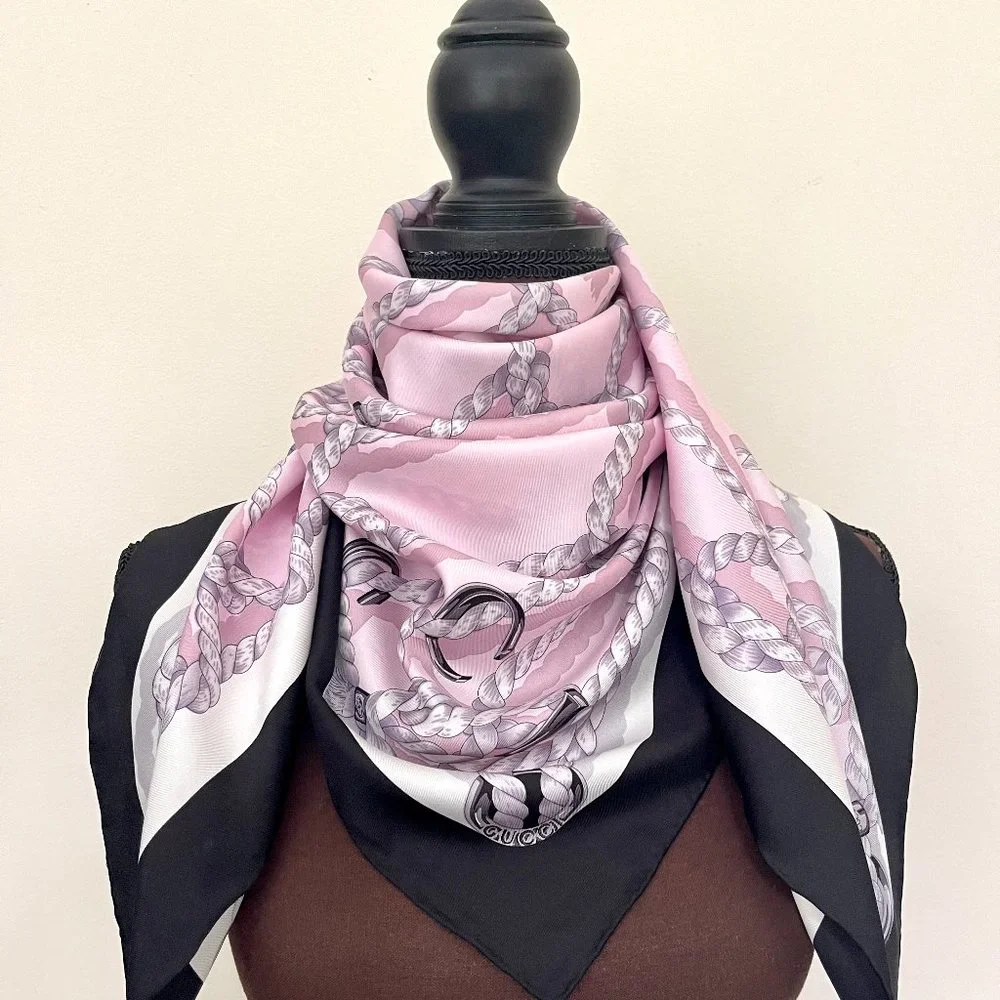 New Gucci Silk Scarf Pink Ropes Print Black Border Silk Wrap Scarf